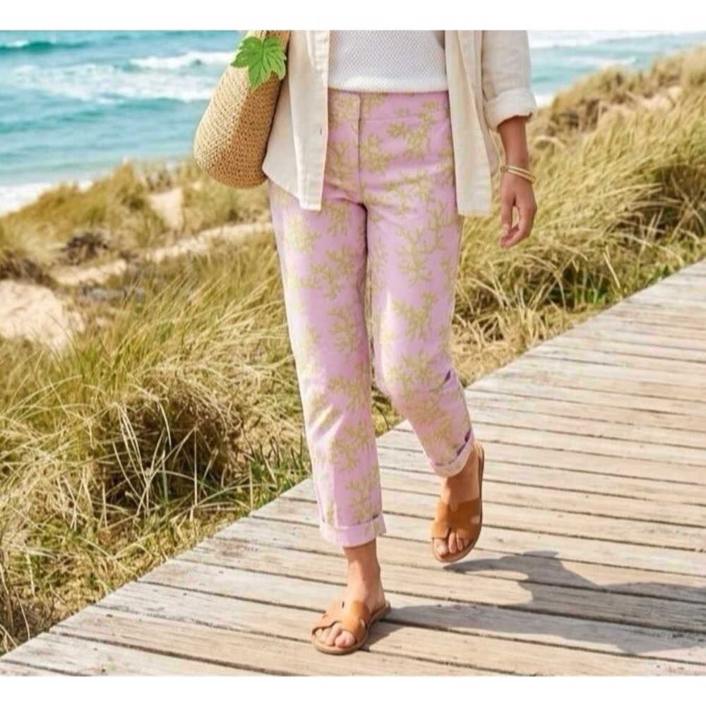 Tailor Made Pink Coastal Pants Size M Green Coral Tapered Leg Beachy Casual